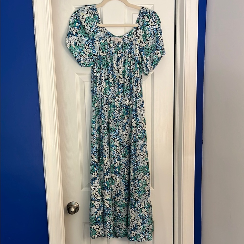 LOFT Blue and Green Floral Smocked Puff Sleeve Sundress
